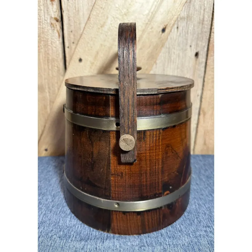 Vtg MCM Firkin Wood Ice Bucket by Putney Vermont Basketville Handle, Lid & Liner